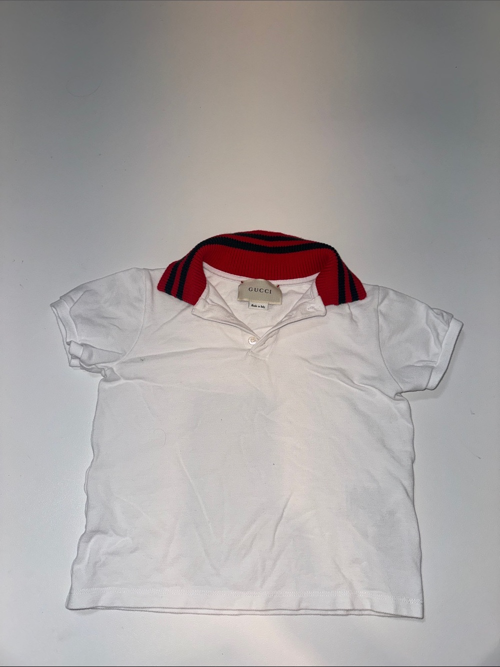 Gucci White Kids Polo with Red and Black Striped Collar